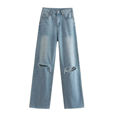 Light blue distressed jeans on a white background
